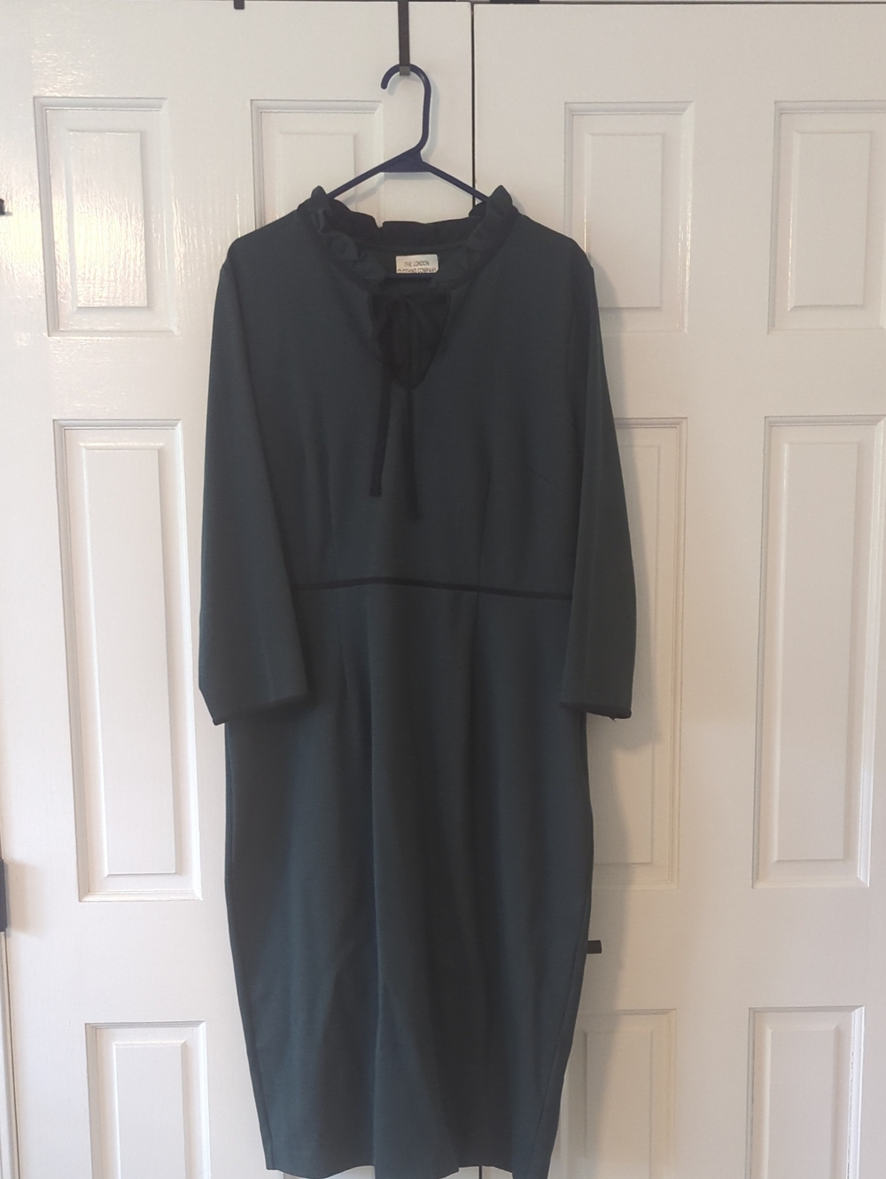 The London Clothing Company Women's Dark Green Ruffle-Neck Dress with Tie